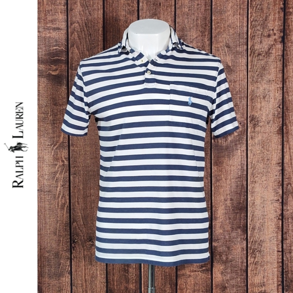 Blue And White Stripe Light Blue Pony Pocket 3 Button Polo